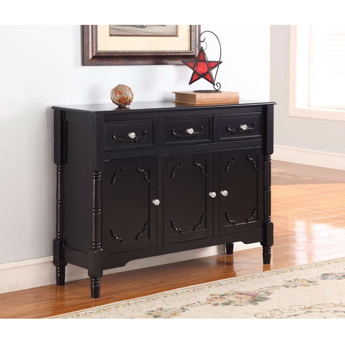 Solid Wood Black Finish Sideboard Console Table with Storage Drawres-0