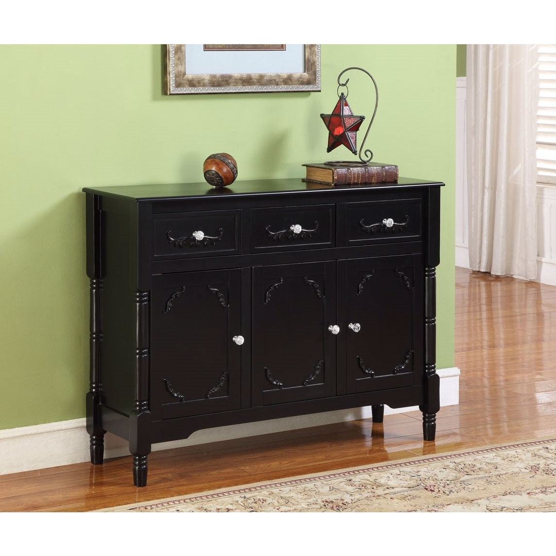 Solid Wood Black Finish Sideboard Console Table with Storage Drawres-1