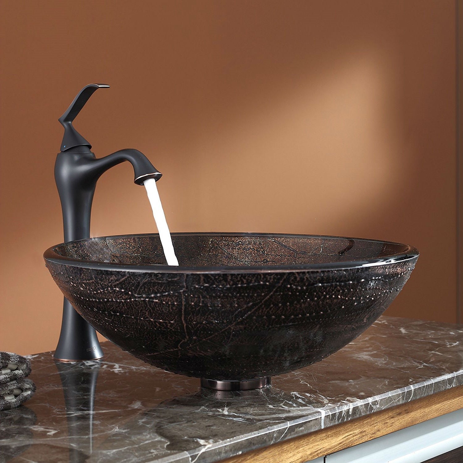 Modern 16.5 inch Round Copper Color Glass Vessel Sink-3