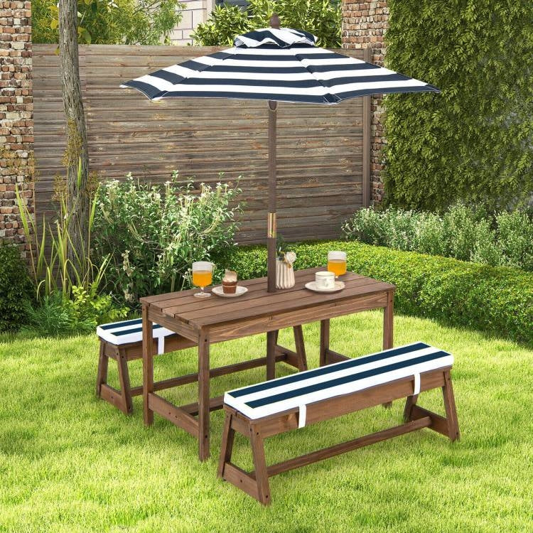 Kids Outdoor Wooden Picnic Table Bench Chairs Cushions Umbrella Set Navy/White-2