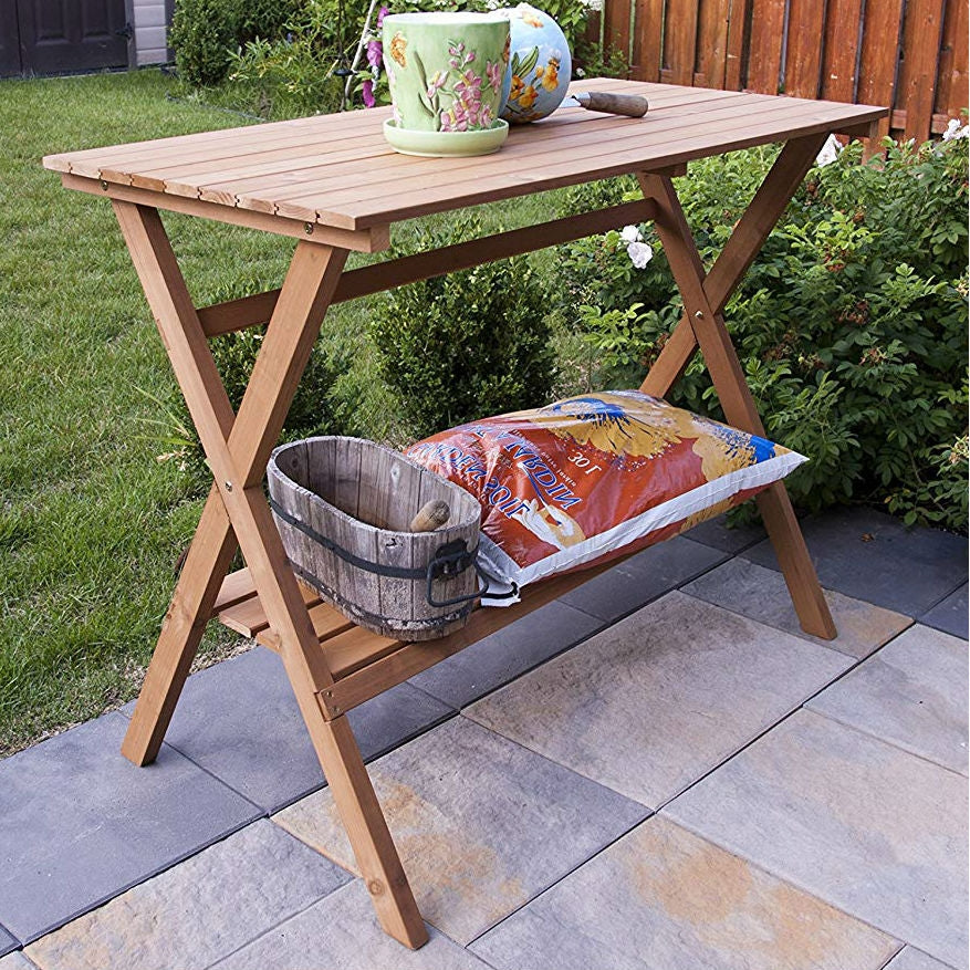 Indoor Outdoor Wood Potting Bench Garden Table with Lower Shelf-1