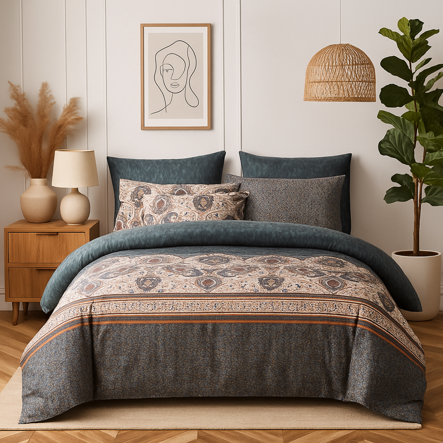 Tache Rustic Paisley Mandala Palace Floral Watercolor Dark Teal Duvet Cover (KF174)