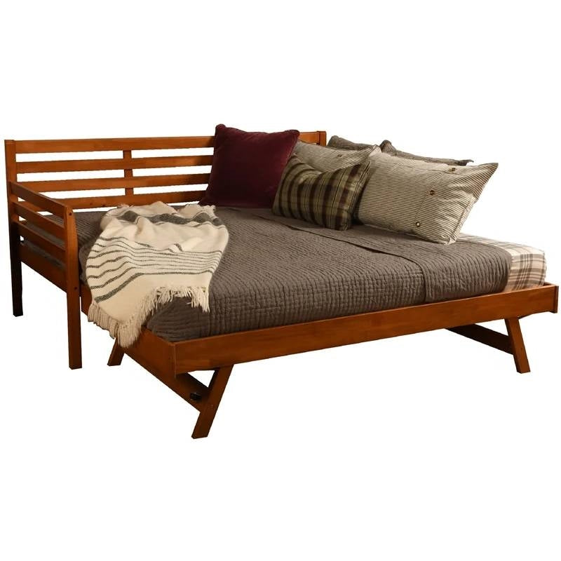 Solid Wood Day Bed Frame with Pull-out Pop Up Trundle Bed in Medium Brown-0