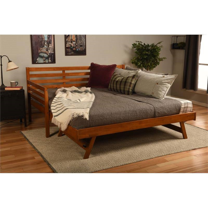 Solid Wood Day Bed Frame with Pull-out Pop Up Trundle Bed in Medium Brown-1