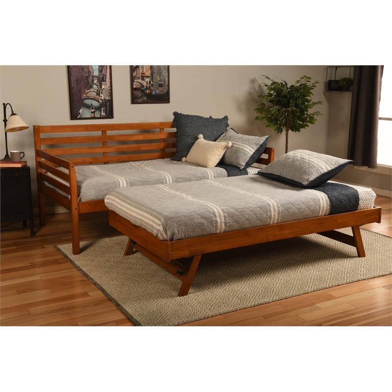 Solid Wood Day Bed Frame with Pull-out Pop Up Trundle Bed in Medium Brown-4