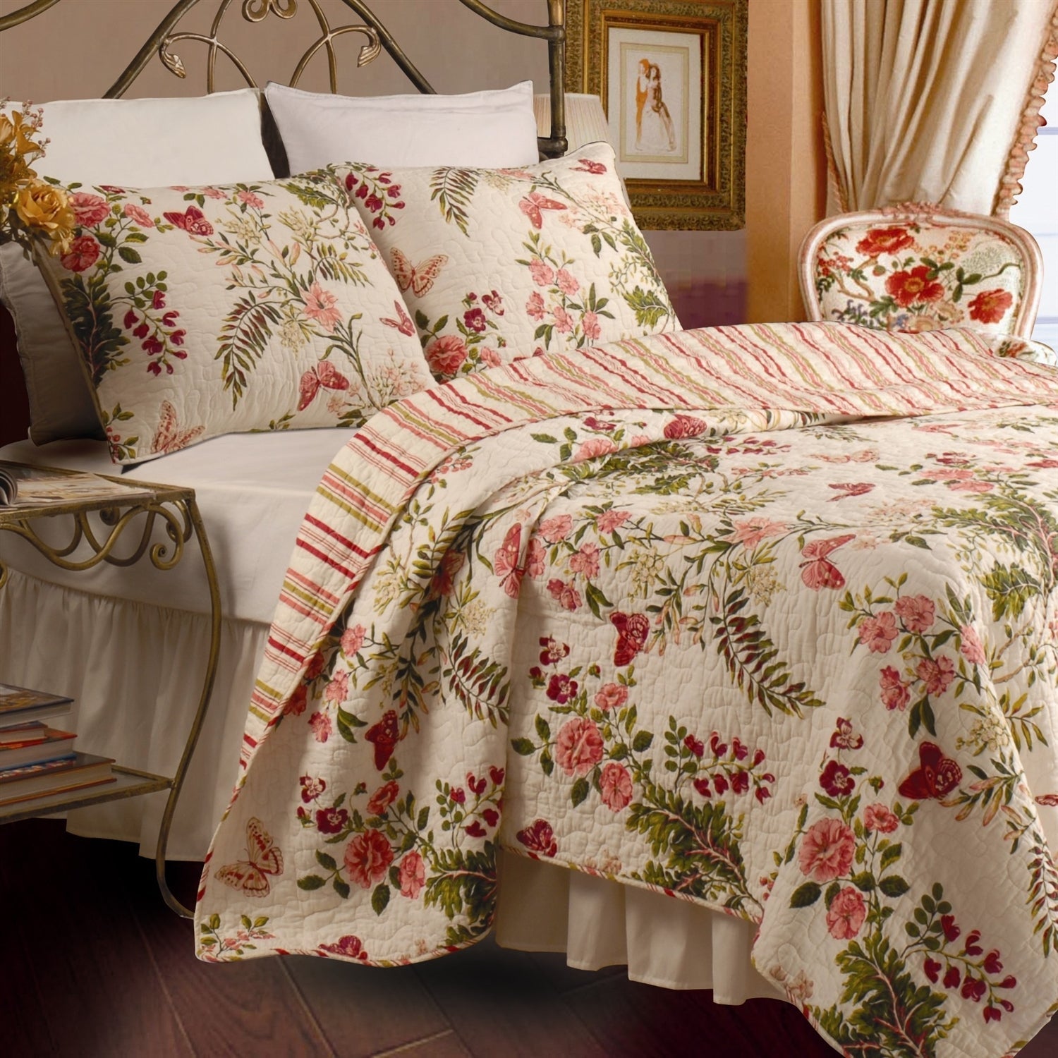 King size 3-Piece Cotton Quilt Set in Pink Beige Floral Butterflies-0