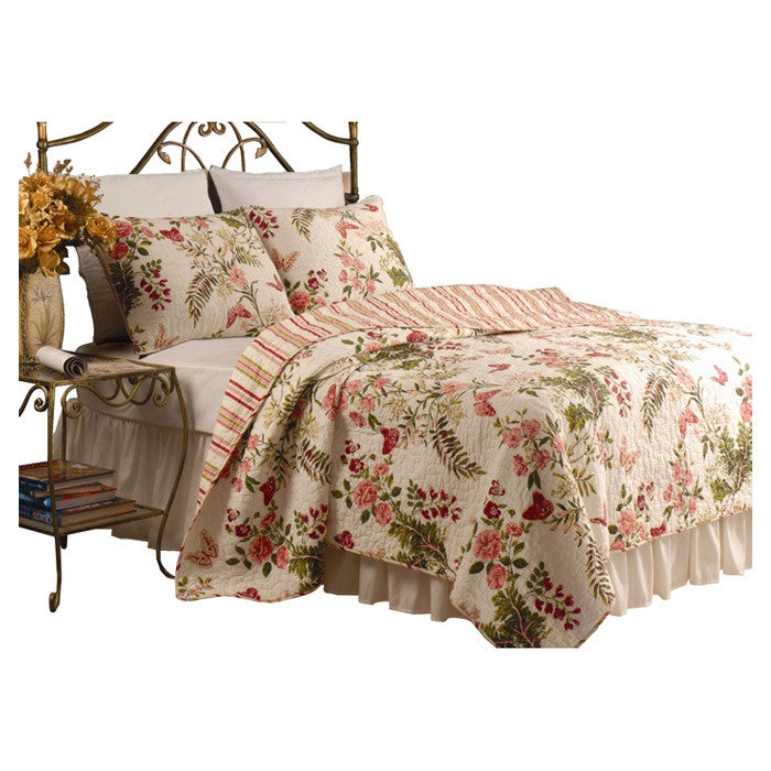 King size 3-Piece Cotton Quilt Set in Pink Beige Floral Butterflies-1