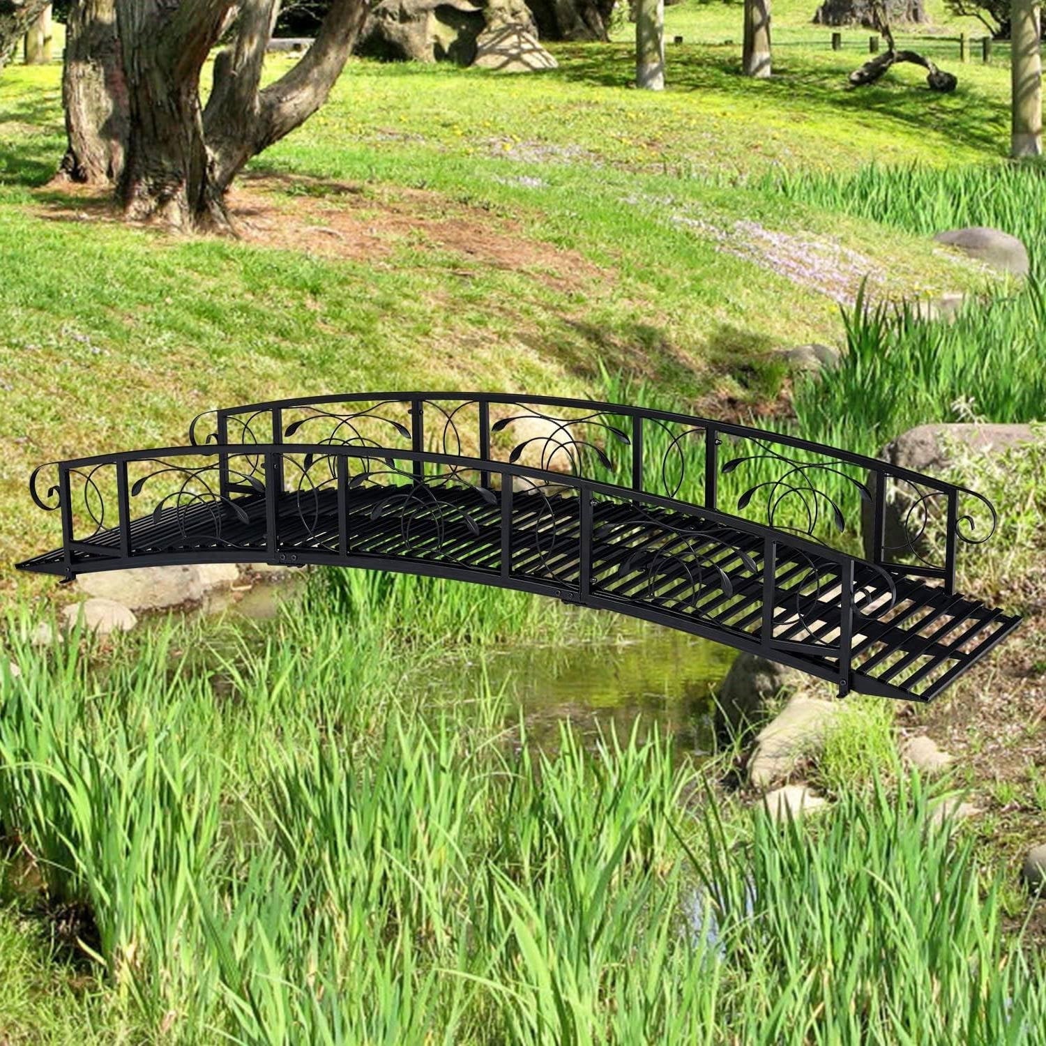 Outdoor 8-Ft Heavy Duty Black Metal Arch Garden Bridge with Side Rails-1