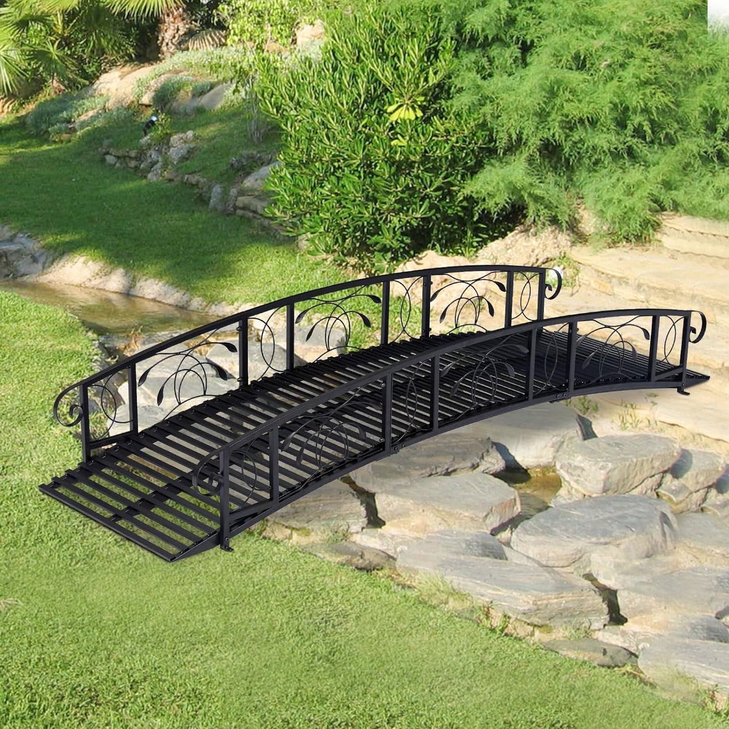 Outdoor 8-Ft Heavy Duty Black Metal Arch Garden Bridge with Side Rails-2