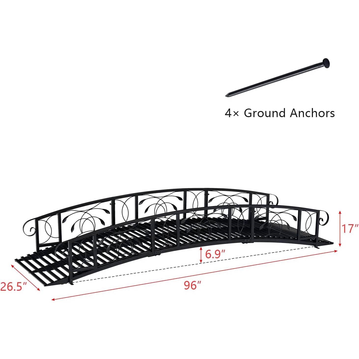 Outdoor 8-Ft Heavy Duty Black Metal Arch Garden Bridge with Side Rails-4