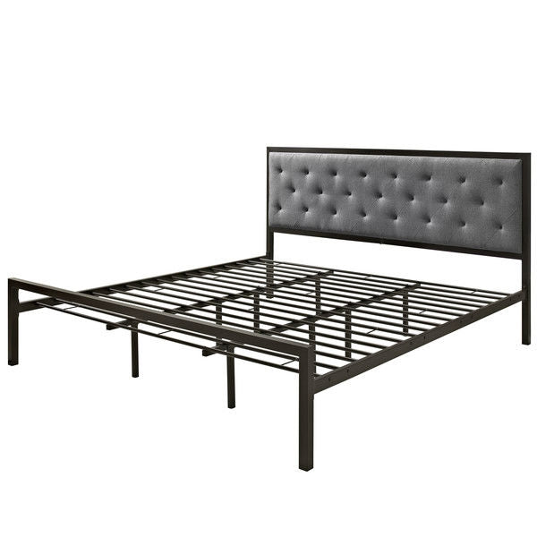 King size Modern Metal Platform Bed with Gray Button Tufted Headboard-0