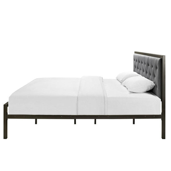 King size Modern Metal Platform Bed with Gray Button Tufted Headboard-2