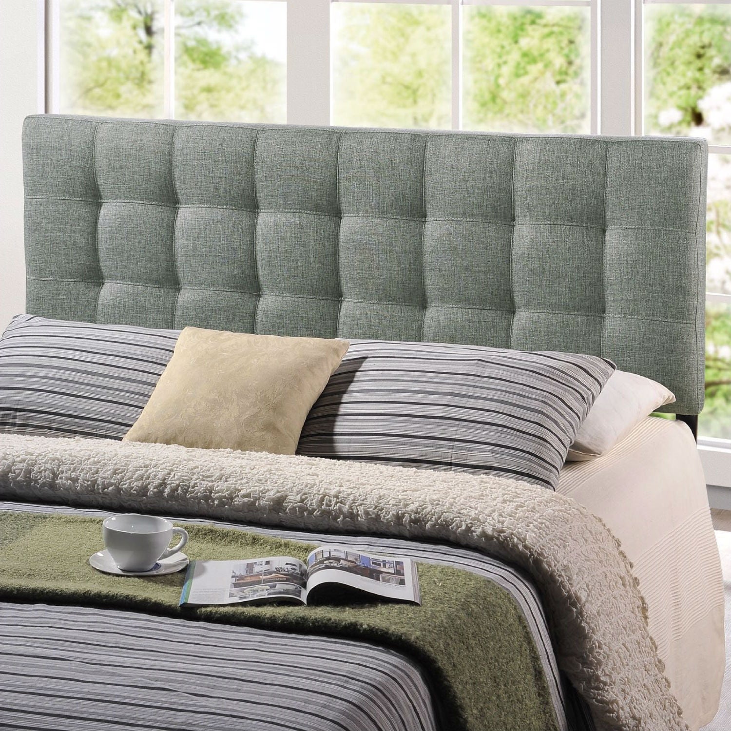 King size Grey Fabric Modern Button-Tufted Upholstered Headboard-1