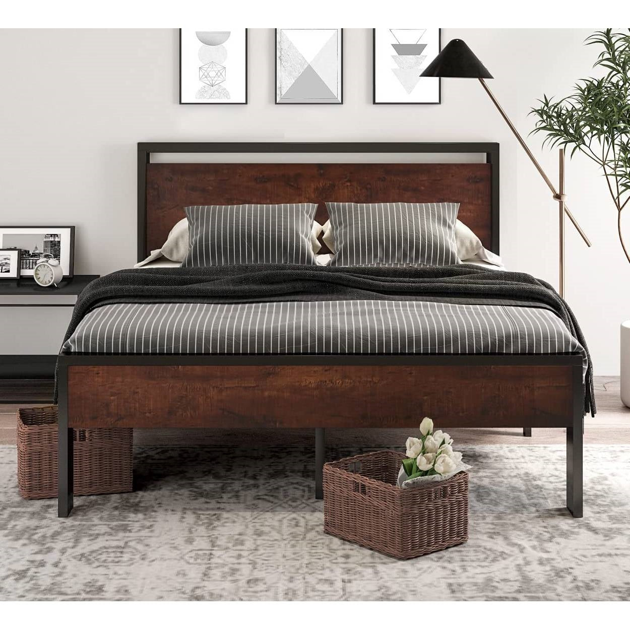 King Metal Platform Bed Frame with Mahogany Wood Panel Headboard Footboard-0