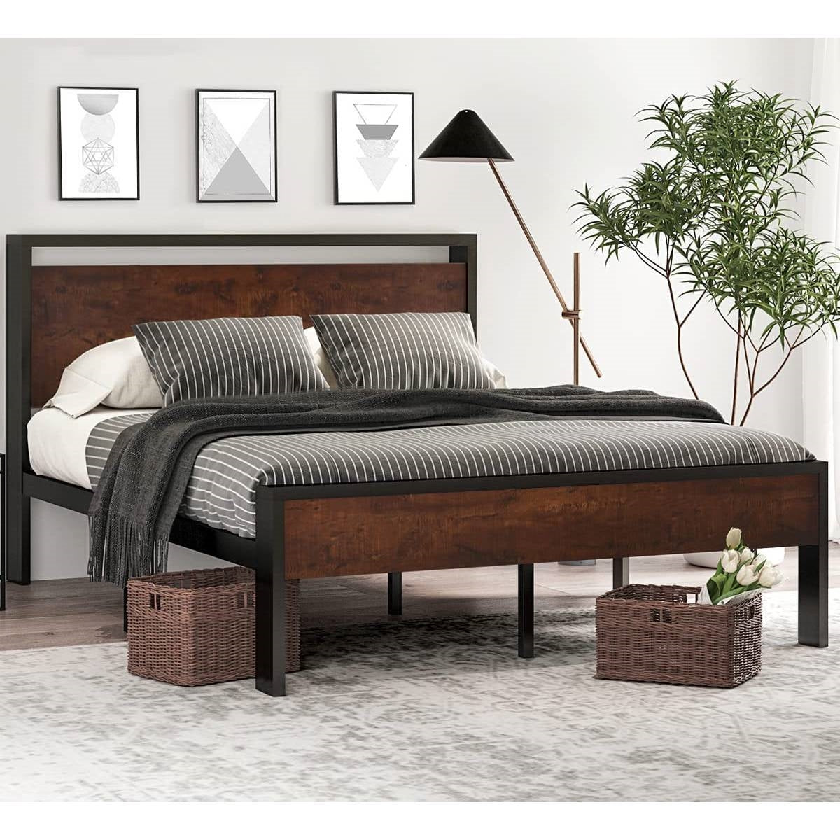 King Metal Platform Bed Frame with Mahogany Wood Panel Headboard Footboard-1