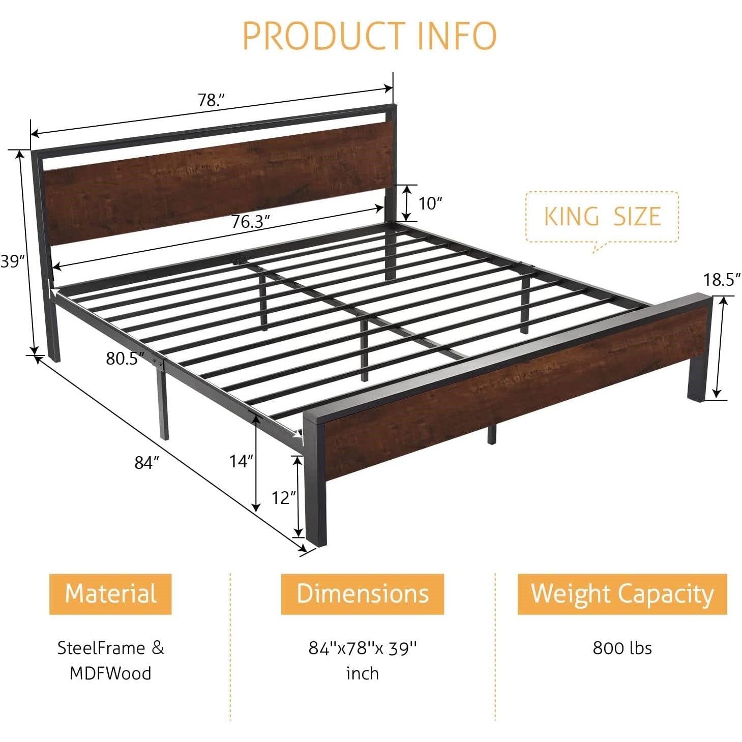 King Metal Platform Bed Frame with Mahogany Wood Panel Headboard Footboard-3