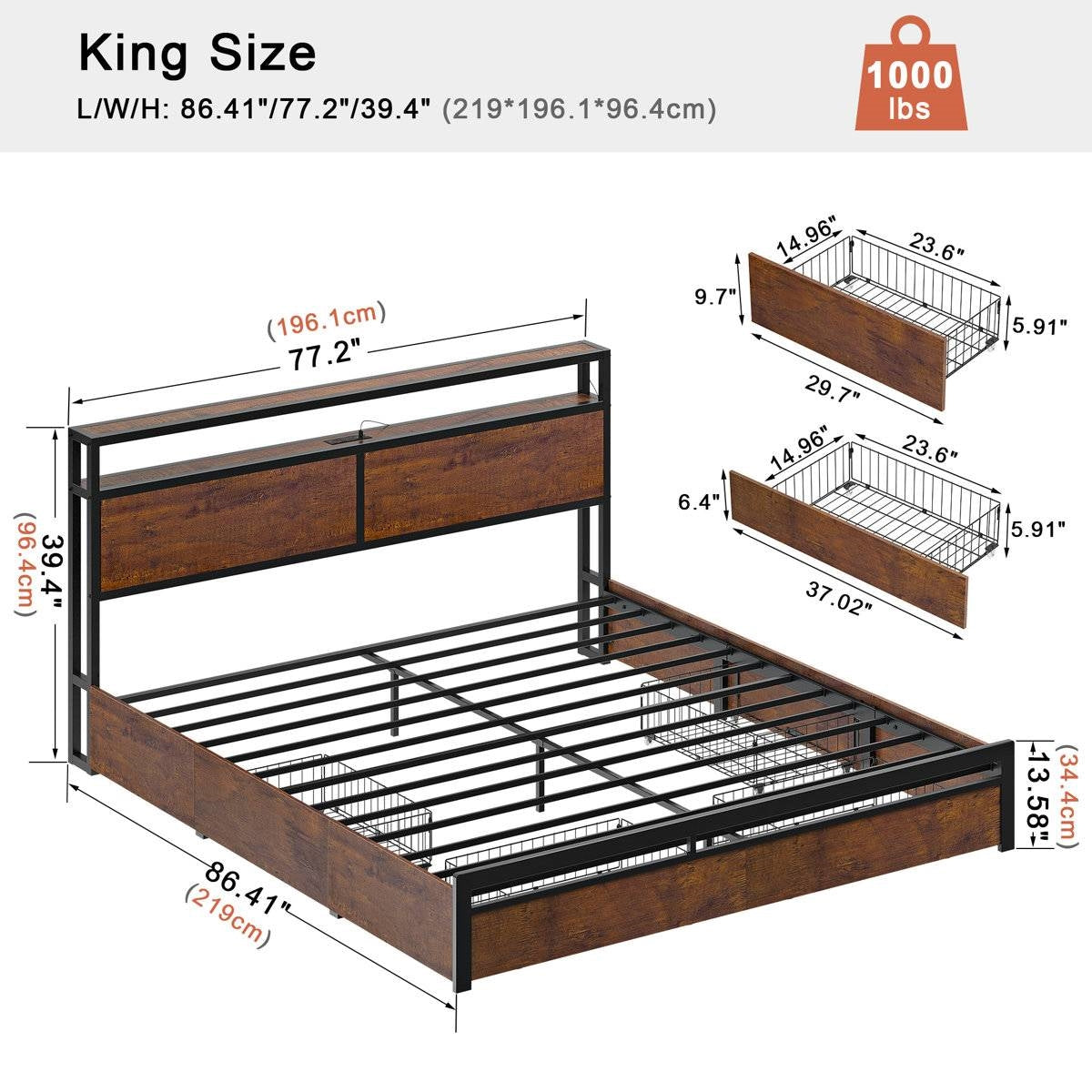 King size Platform Bed with Headboard and Storage Drawers in Brown Wood Finish-1