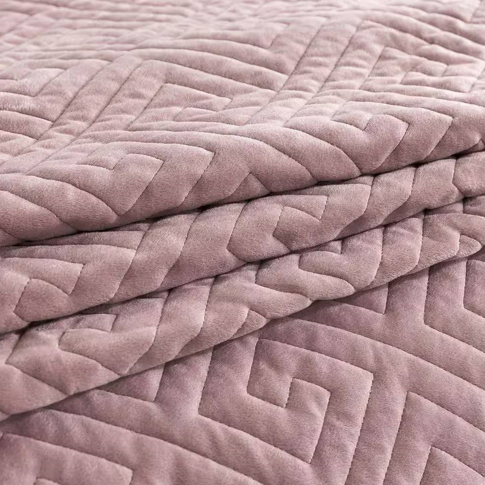 King Violet/Rose-Wood Velvet Microfiber Polyester Reversible 3-Piece Quilt Set-2