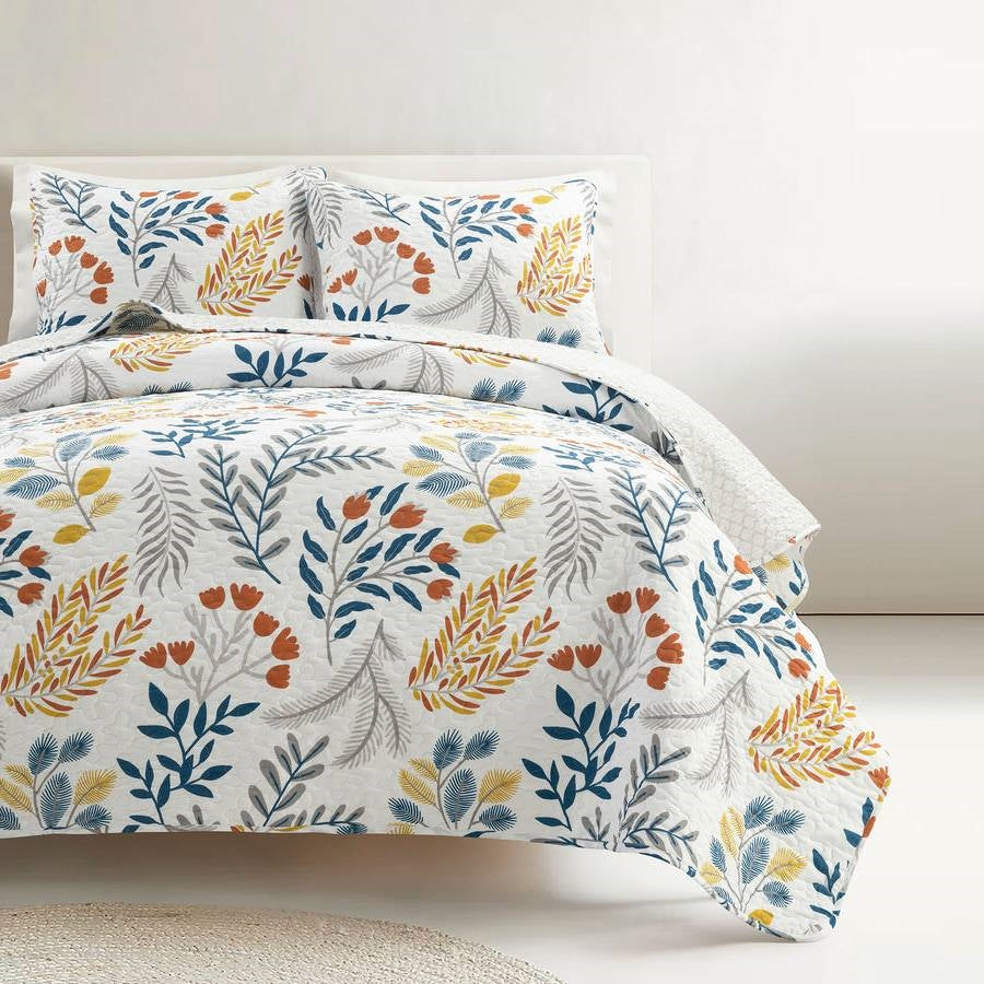King/CAL King 3 Piece Botanical Floral Lightweight Quilt Set-0