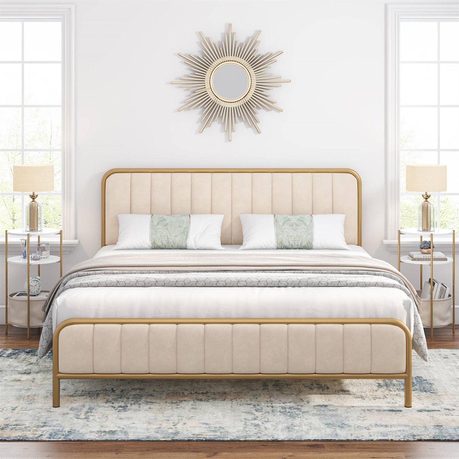 King size Gold Metal Platform Bed Frame with Off-White Upholstered Headboard-0