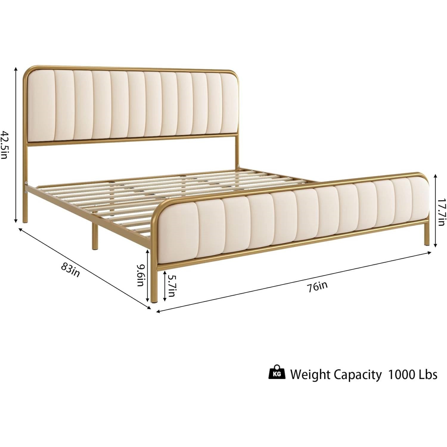 King size Gold Metal Platform Bed Frame with Off-White Upholstered Headboard-4