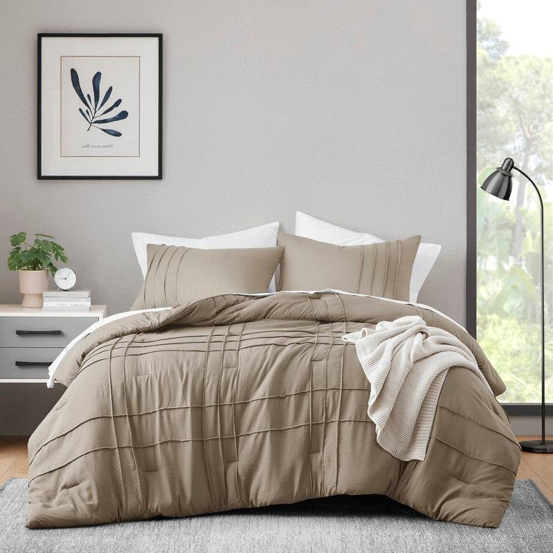 Twin/Twin XL Microfiber Pleated Soft Lightweight Comforter Set Tan Khaki-0