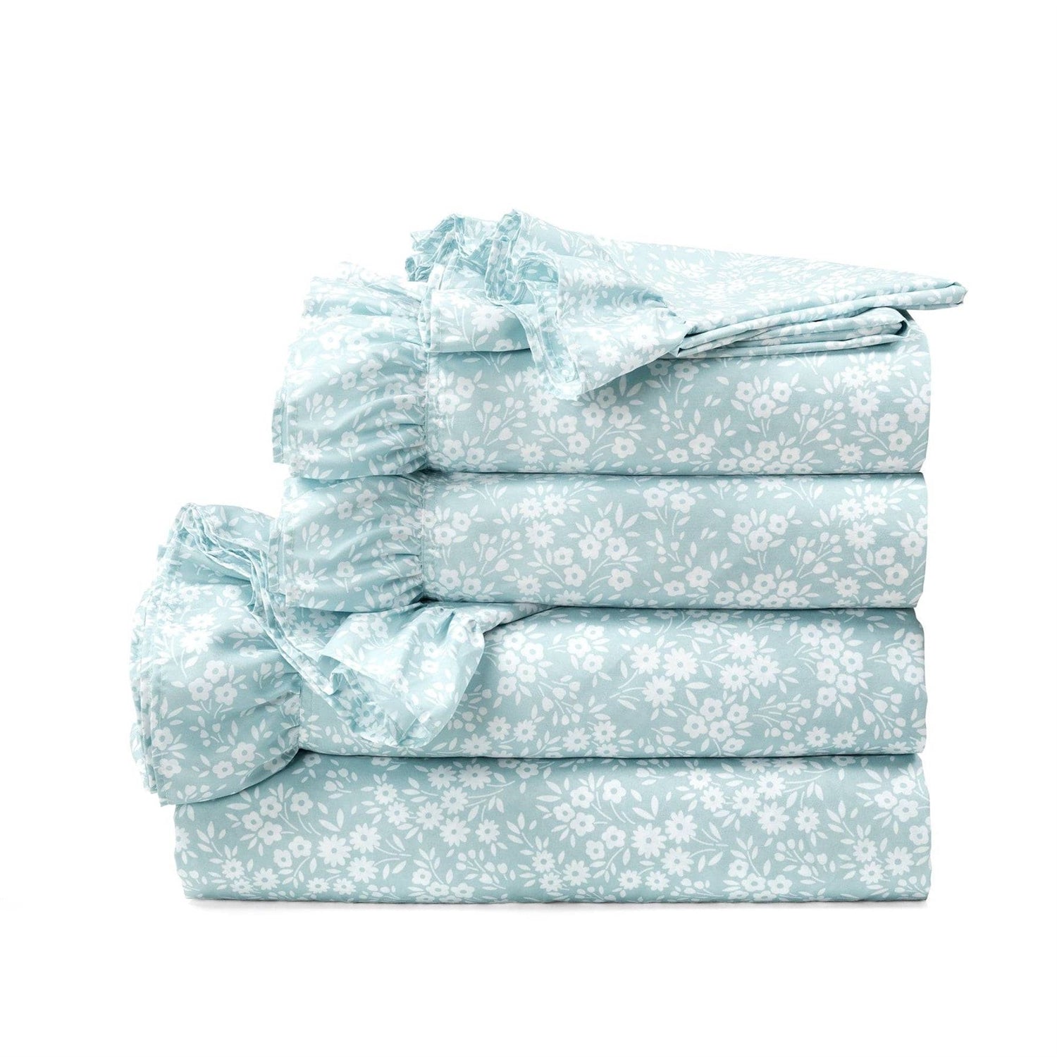 King Size Polyester Blue Ruffle Floral 6 Piece Sheet Set-0