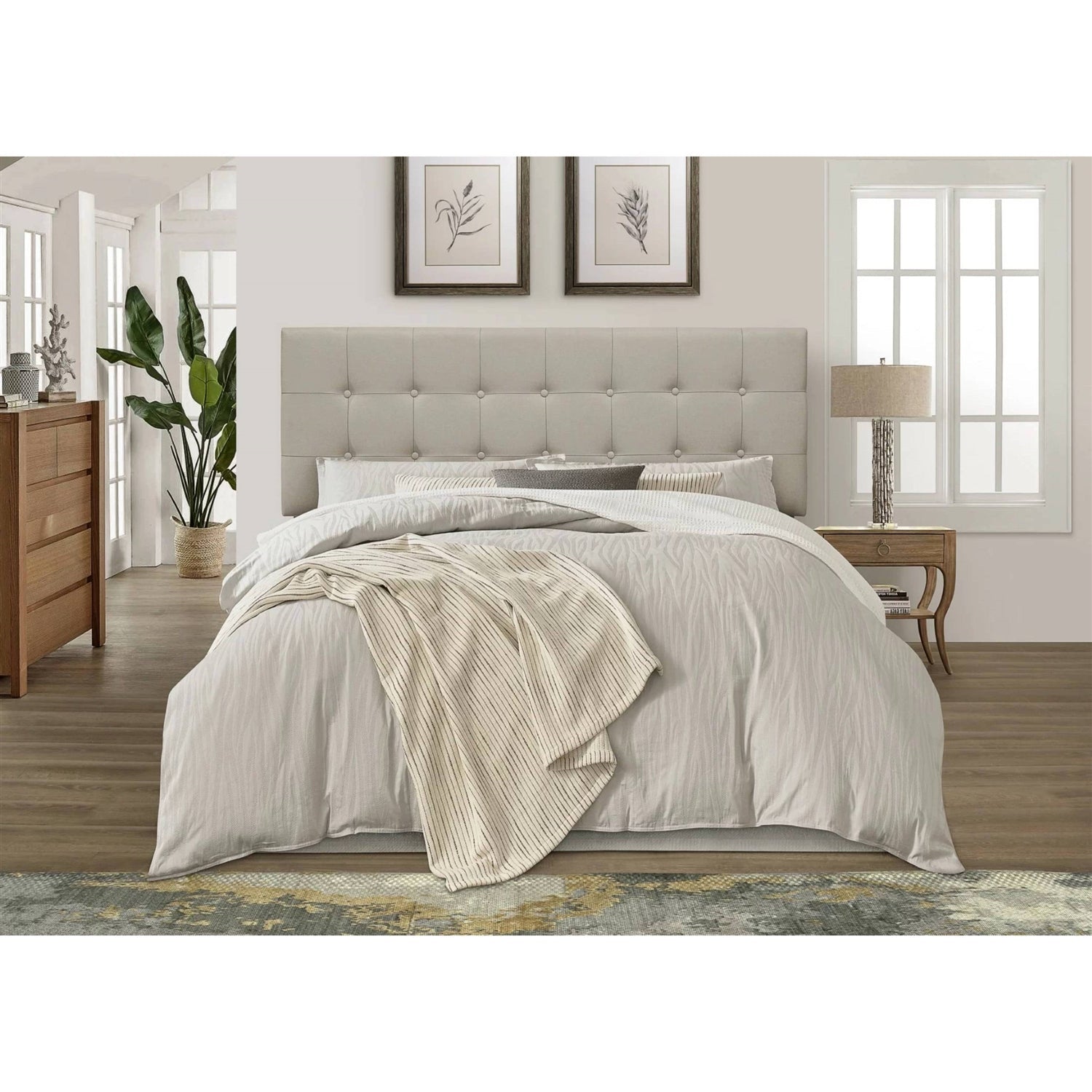 King Button-Tufted Headboard in Light Grey Beige Taupe Upholstered Fabric-2