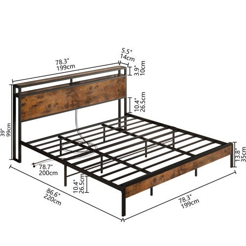 King Size Industrial Platform Bed Frame with Storage Headboard and Power Outlets-3