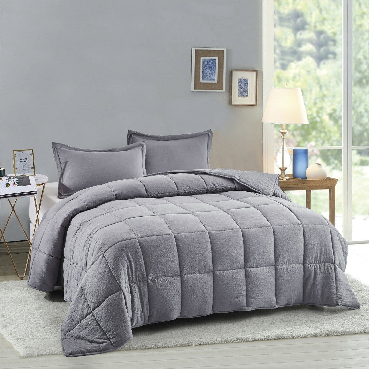 King Size Grey 3 Piece Microfiber Reversible Comforter Set-1