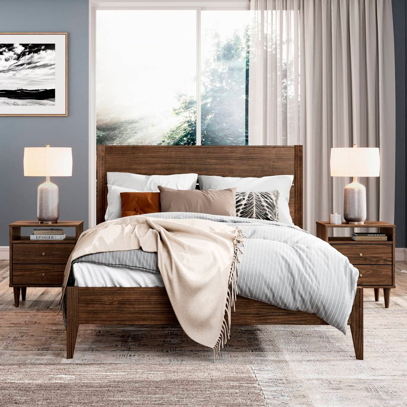 King Size Rustic Walnut Mid Century Slatted Platform Bed-4