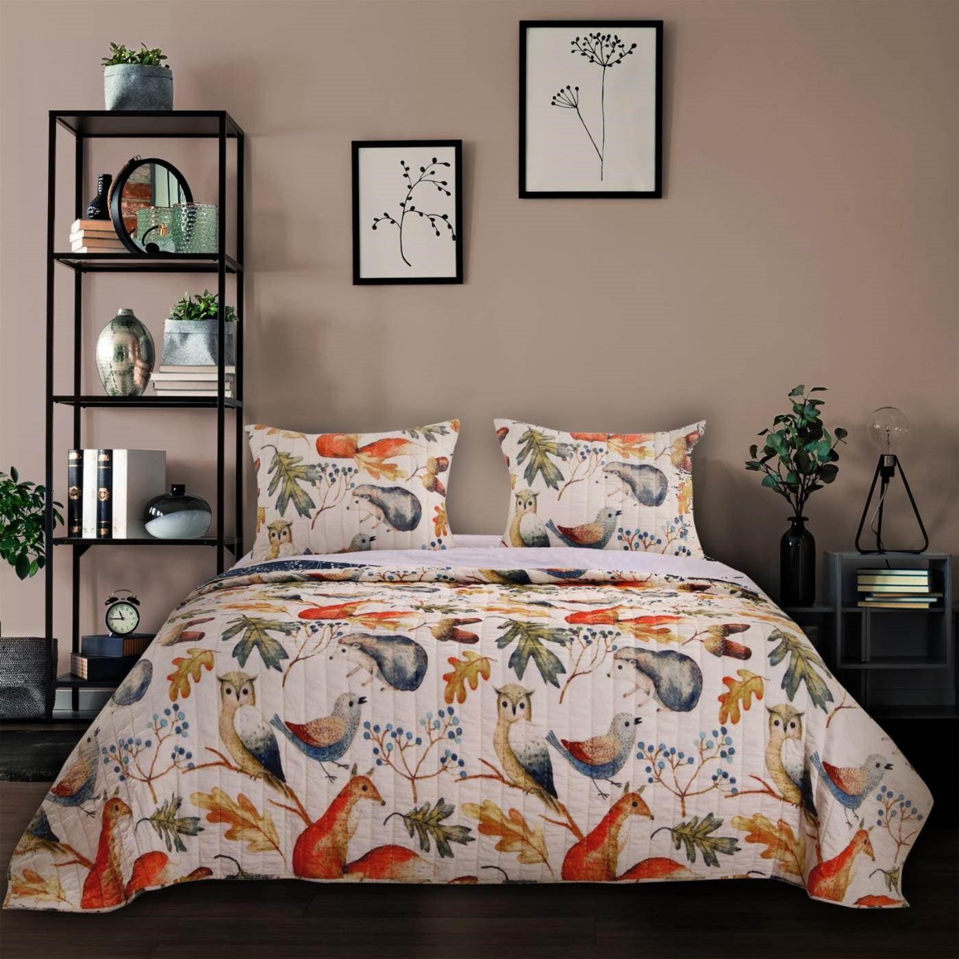 King 3 Piece Blue Beige Birds Animals Floral Microfiber Reversible Quilt Set-1