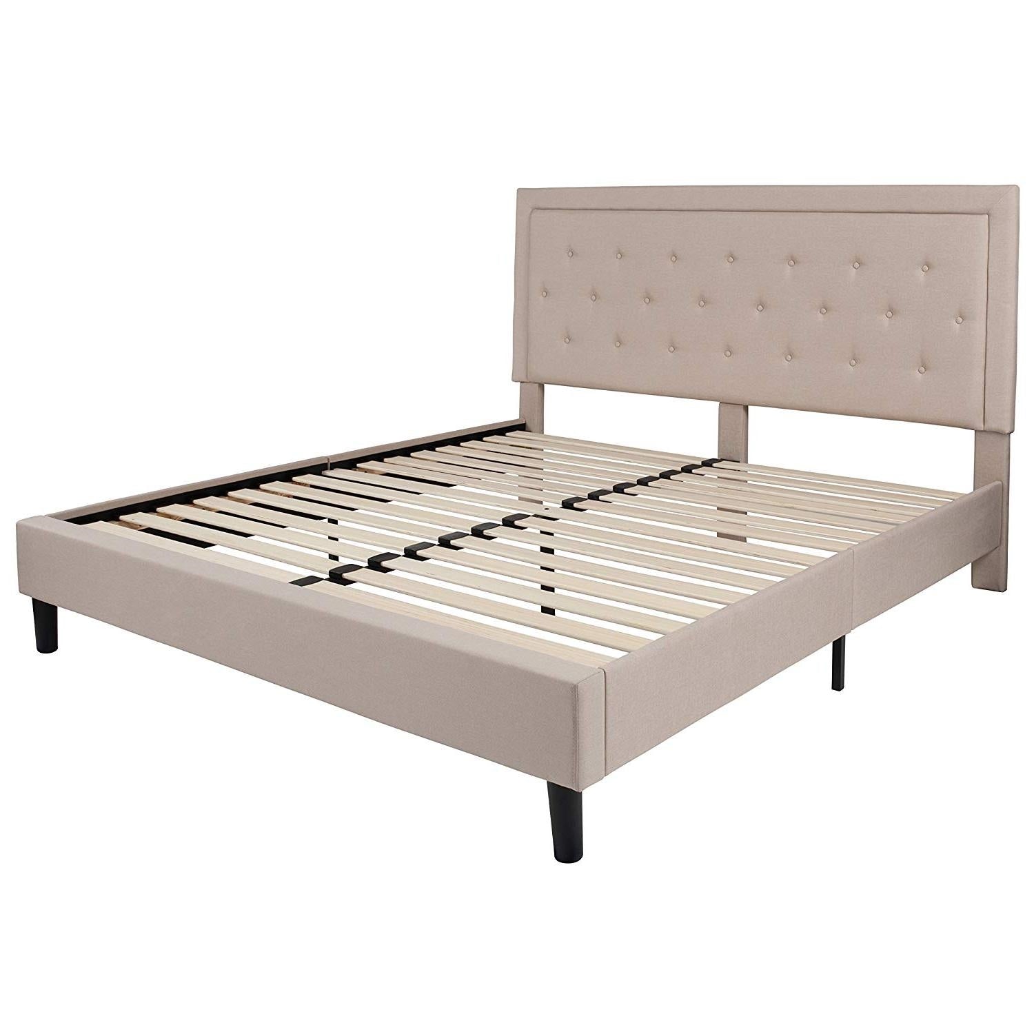 King Beige Upholstered Platform Bed Frame with Button Tufted Headboard-1