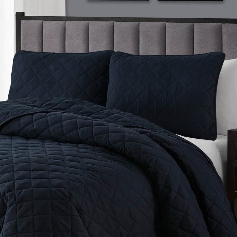 King size 3-Piece Navy Blue Polyester Microfiber Reversible Diamond Quilt Set-2