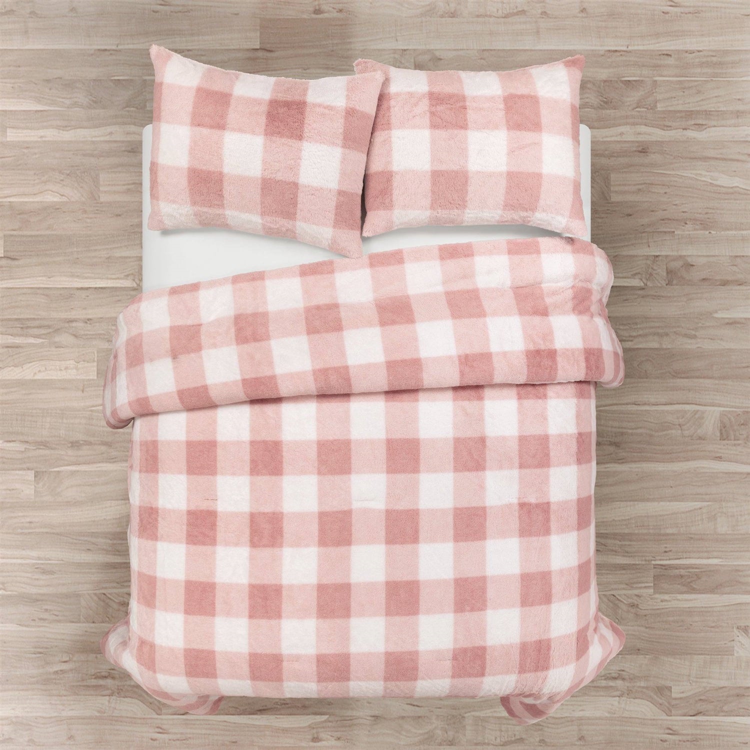 King Size Plaid Soft Faux Fur Comforter Set Pink Blush-1