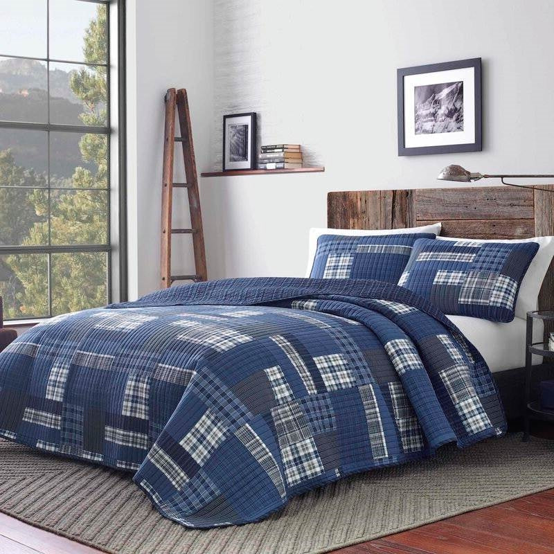 King size 100-Percent Cotton Reversible 3 Piece Blue Patchwork Quilt Set-0