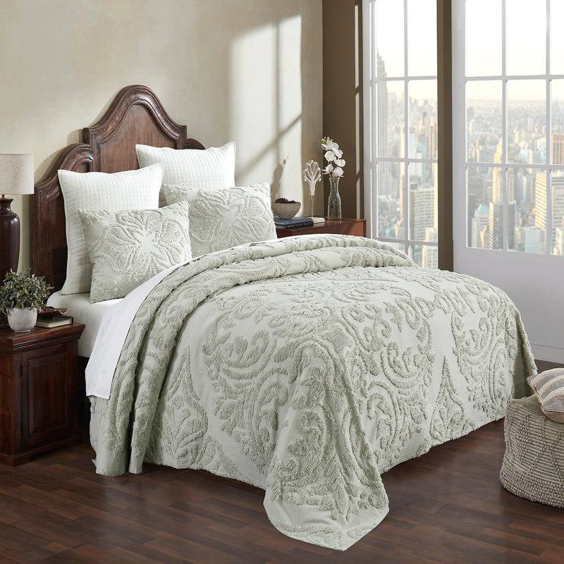 King Size 100-Percent Cotton Chenille 3-Piece Coverlet Bedspread Set in Sage-0