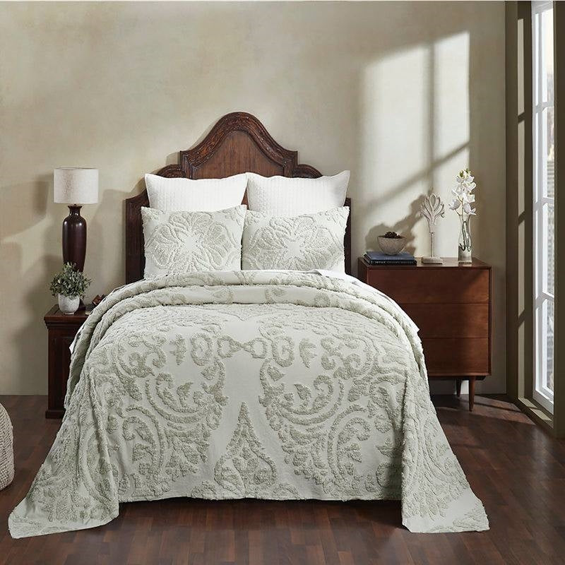 King Size 100-Percent Cotton Chenille 3-Piece Coverlet Bedspread Set in Sage-1