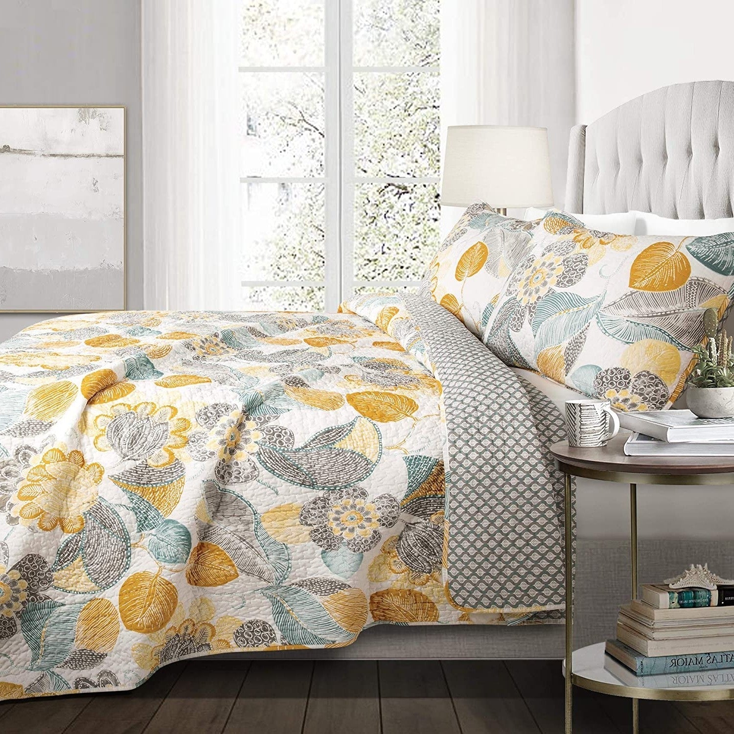 3 Piece Reversible Yellow Grey Floral Cotton Quilt Set in King Size-1