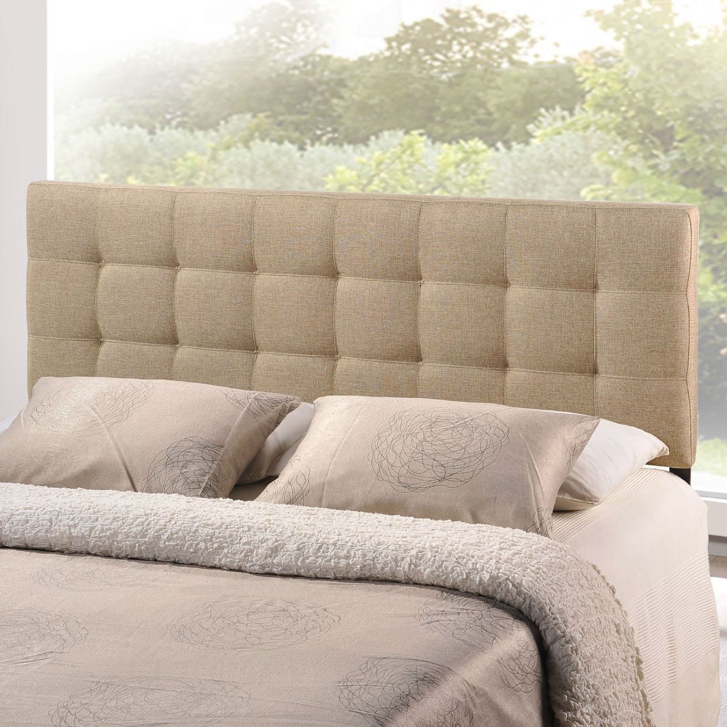 King size Beige Fabric Upholstered Mid-Century Style Headboard-1