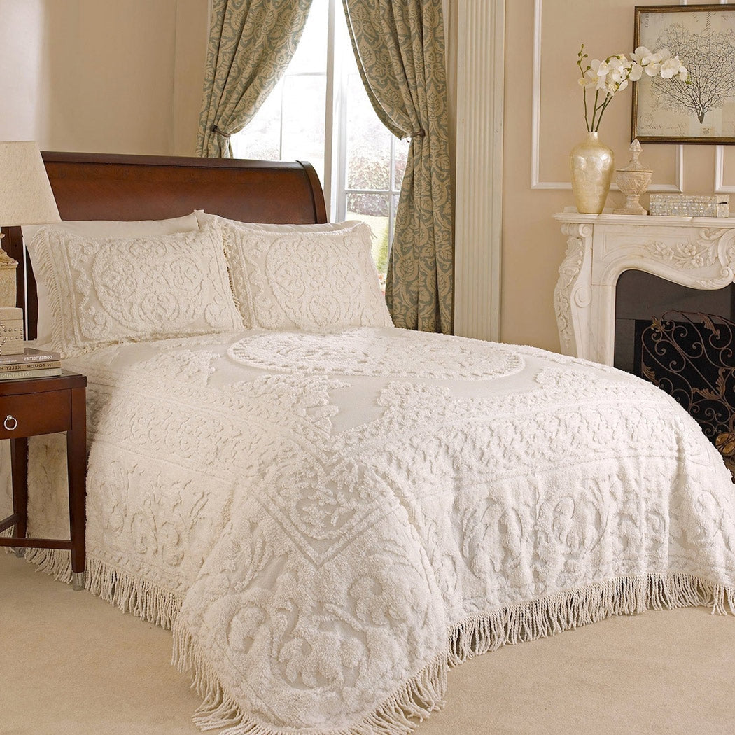 King size 100% Cotton Chenille Bedspread in White Ivory Light Beige Ecru with Fringe Sides-0