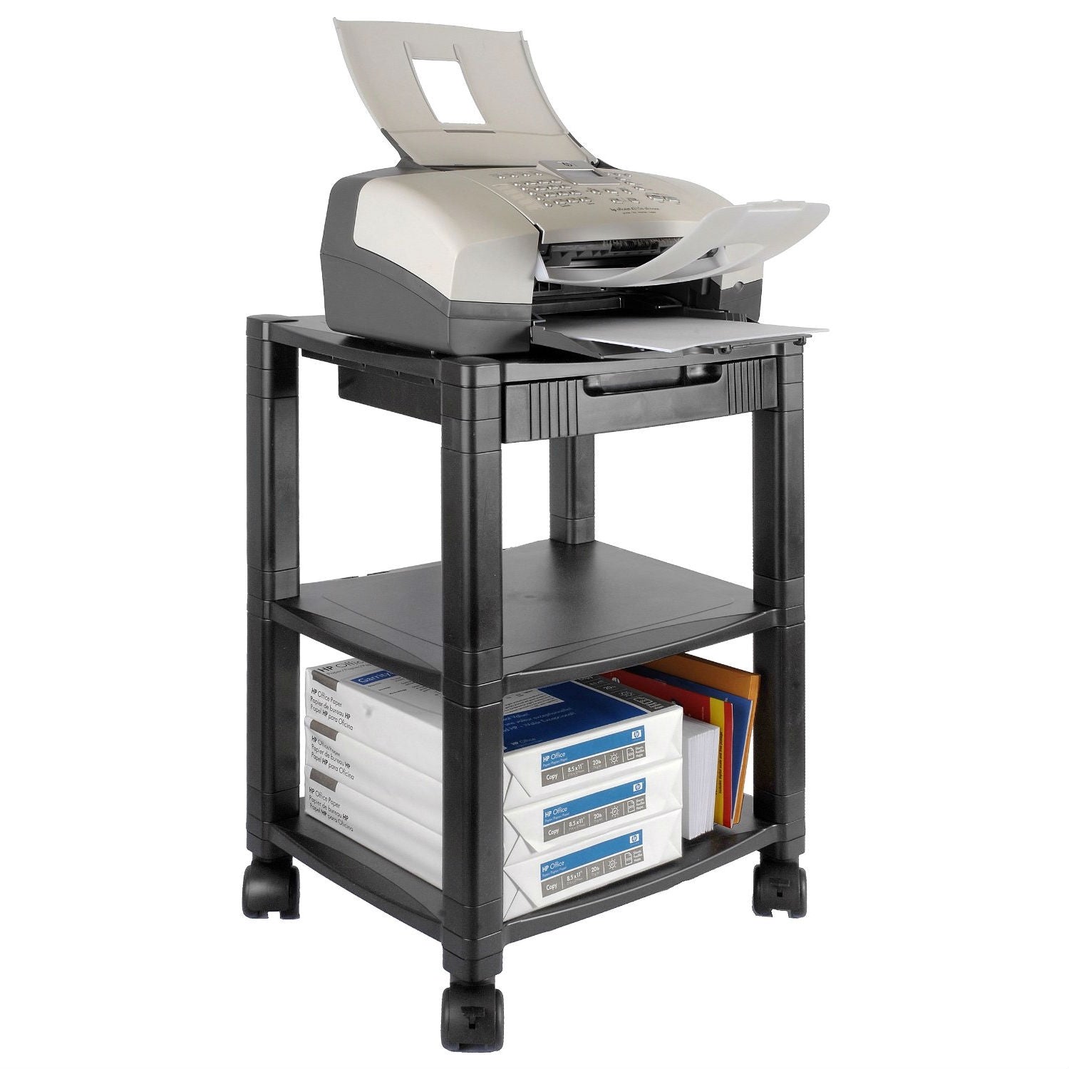 3-Shelf Mobile Printer Stand with Organizer Drawer in Black-1