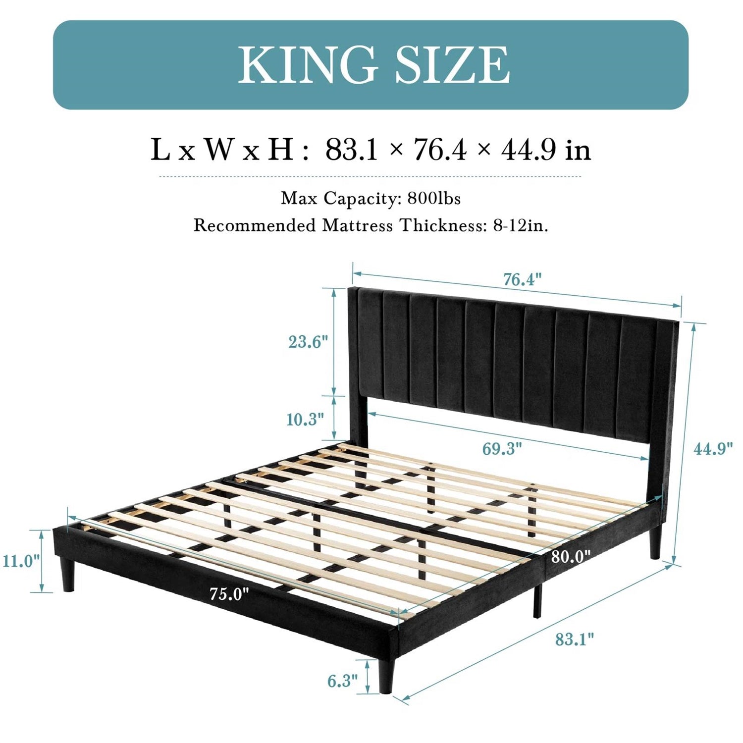 King size Modern Black Velvet Upholstered Platform Bed with Headboard-4