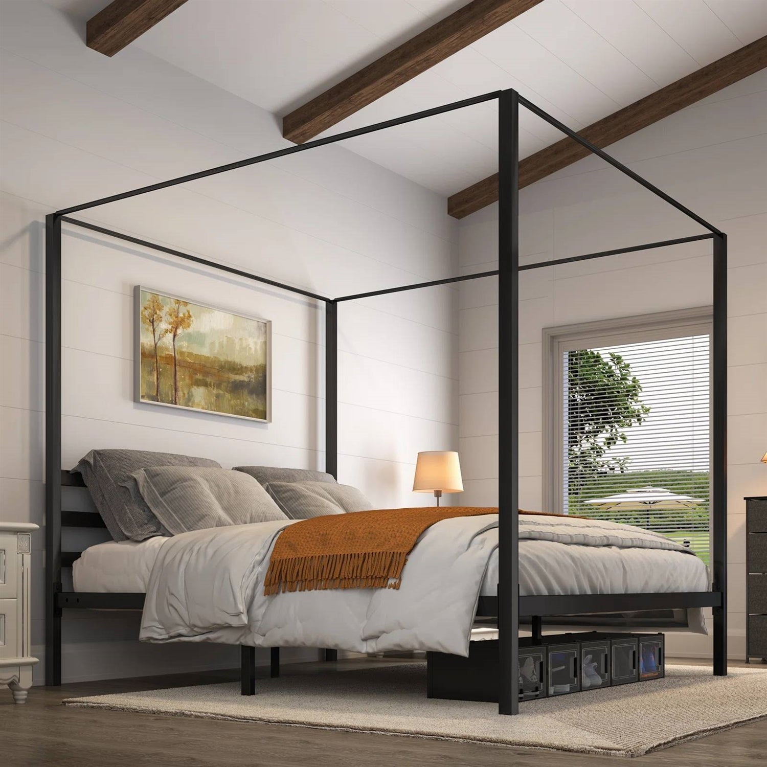 King size Modern Four Poster Metal Canopy Bed in Black Finish-0