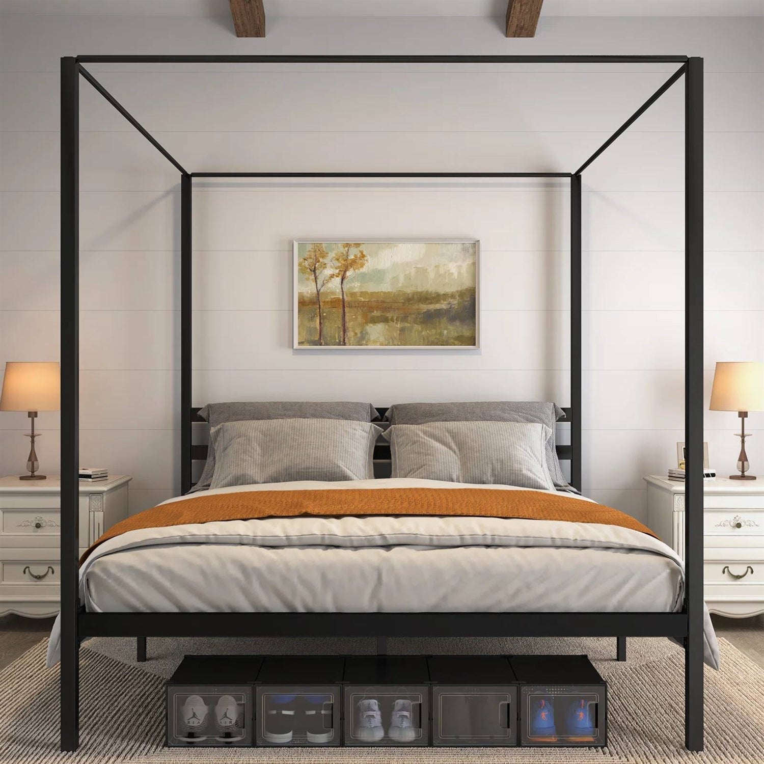 King size Modern Four Poster Metal Canopy Bed in Black Finish-1