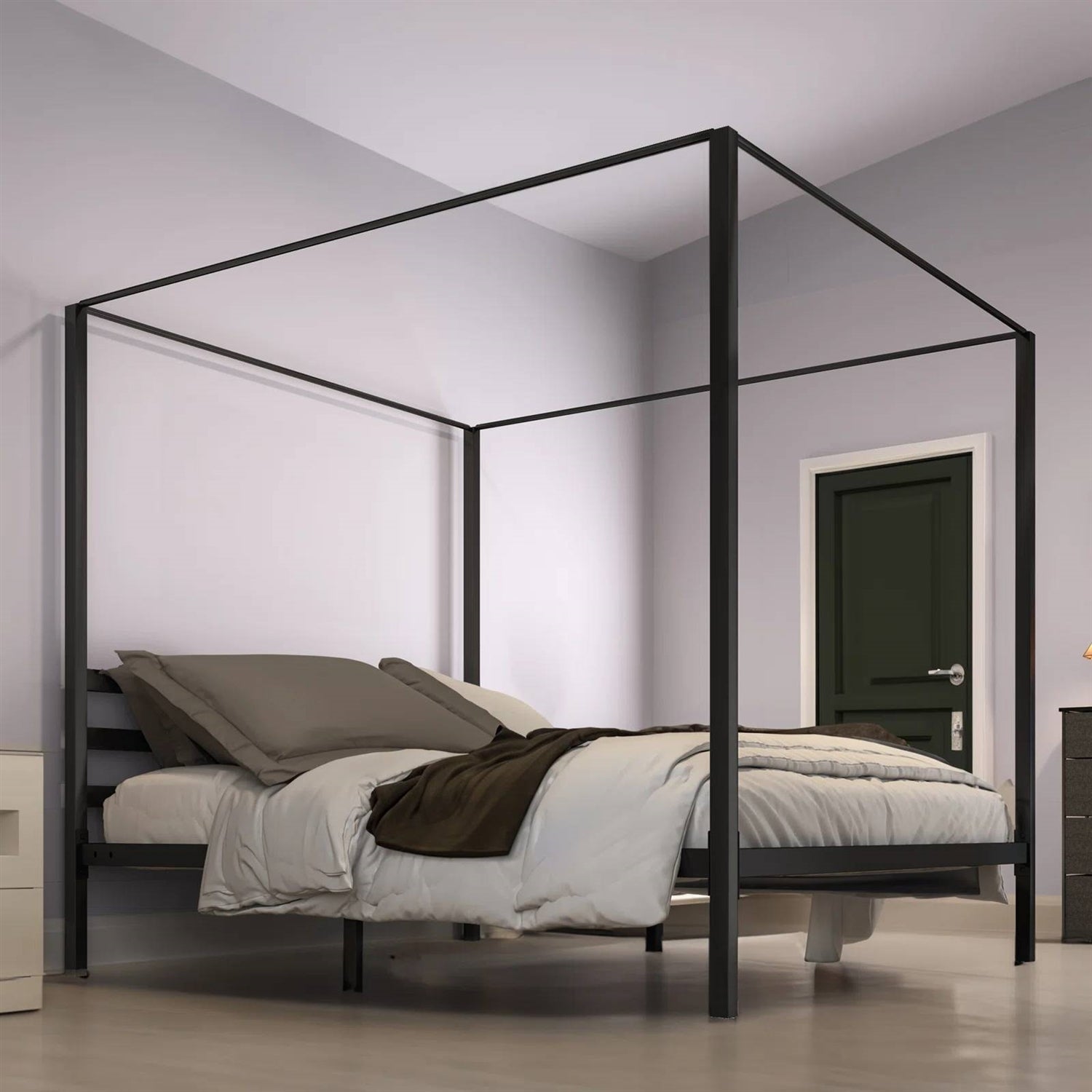 King size Modern Four Poster Metal Canopy Bed in Black Finish-2