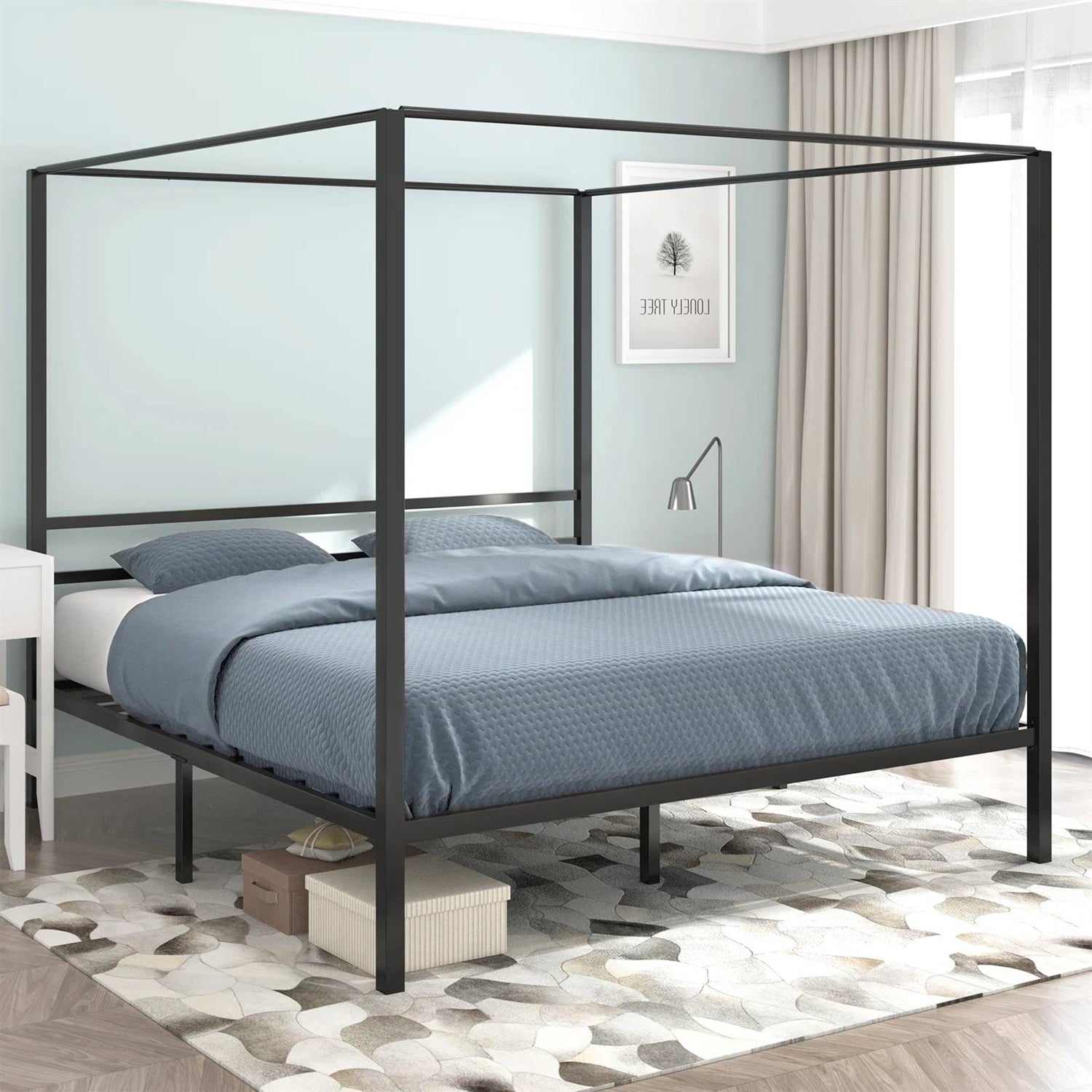 King size Modern Four Poster Metal Canopy Bed in Black Finish-3