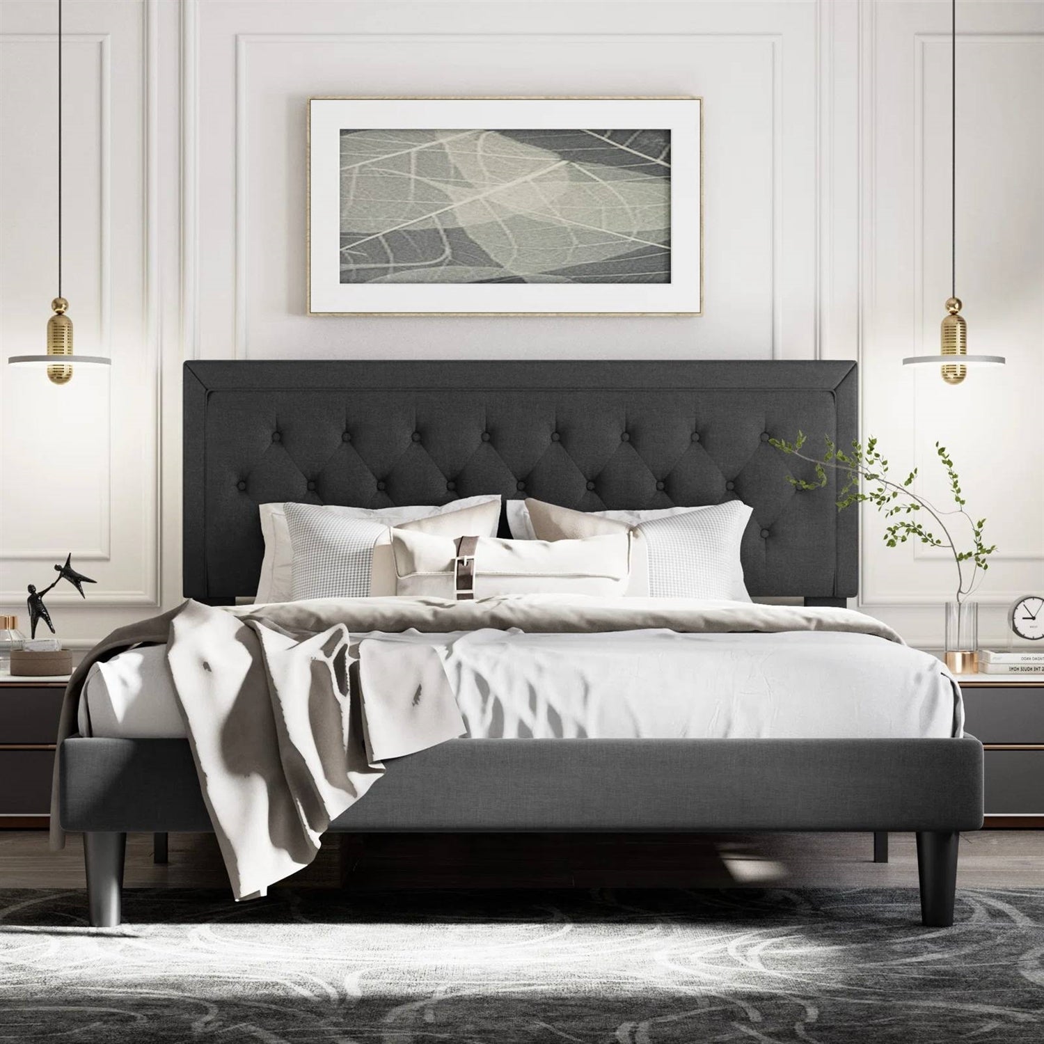 King Black Linen Upholstered Platform Bed Frame with Button-Tufted Headboard-0
