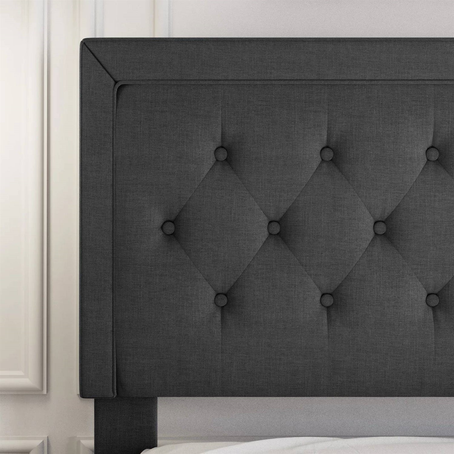 King Black Linen Upholstered Platform Bed Frame with Button-Tufted Headboard-2