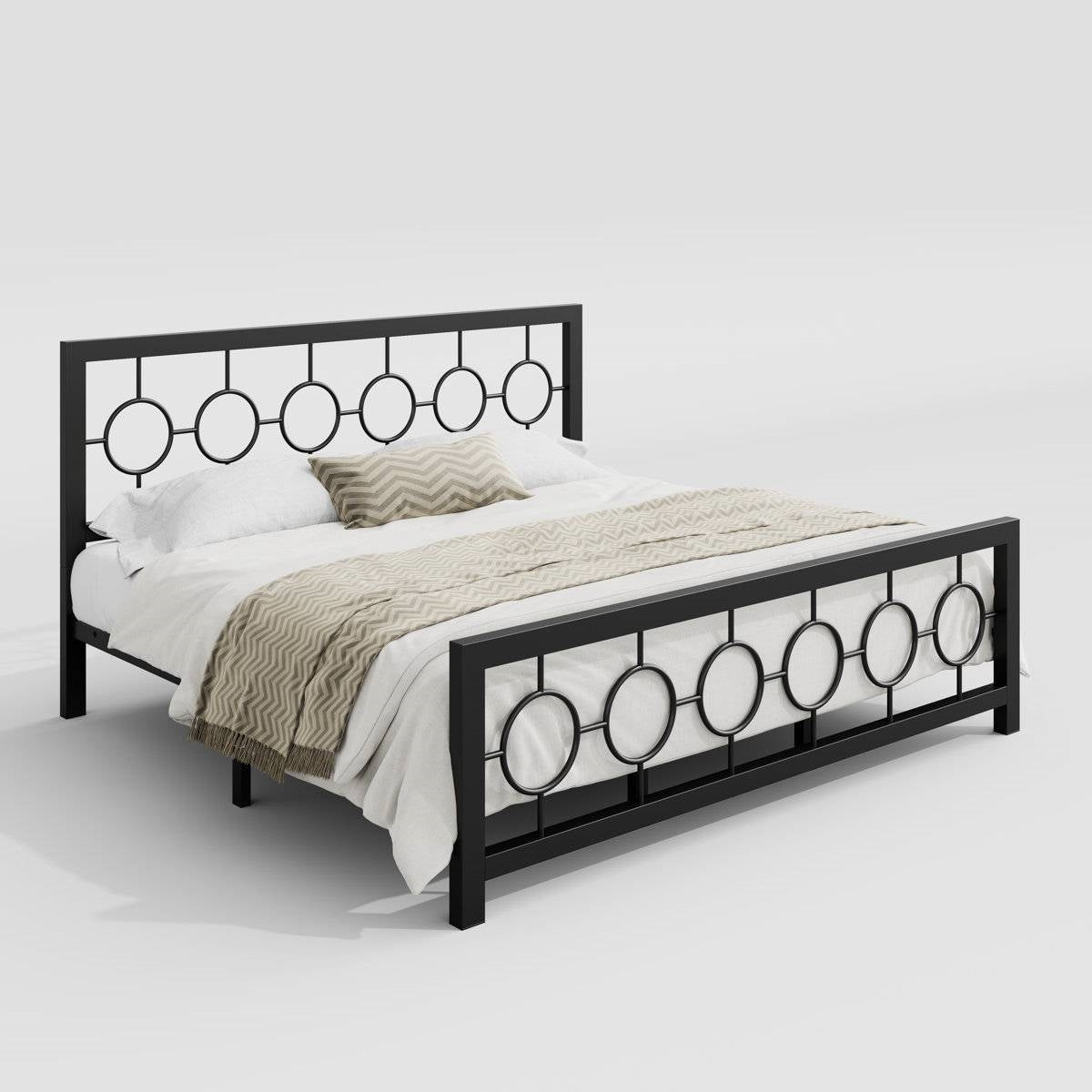 King Black Metal Platform Bed Frame with Circle Medallion Headboard Footboard-0